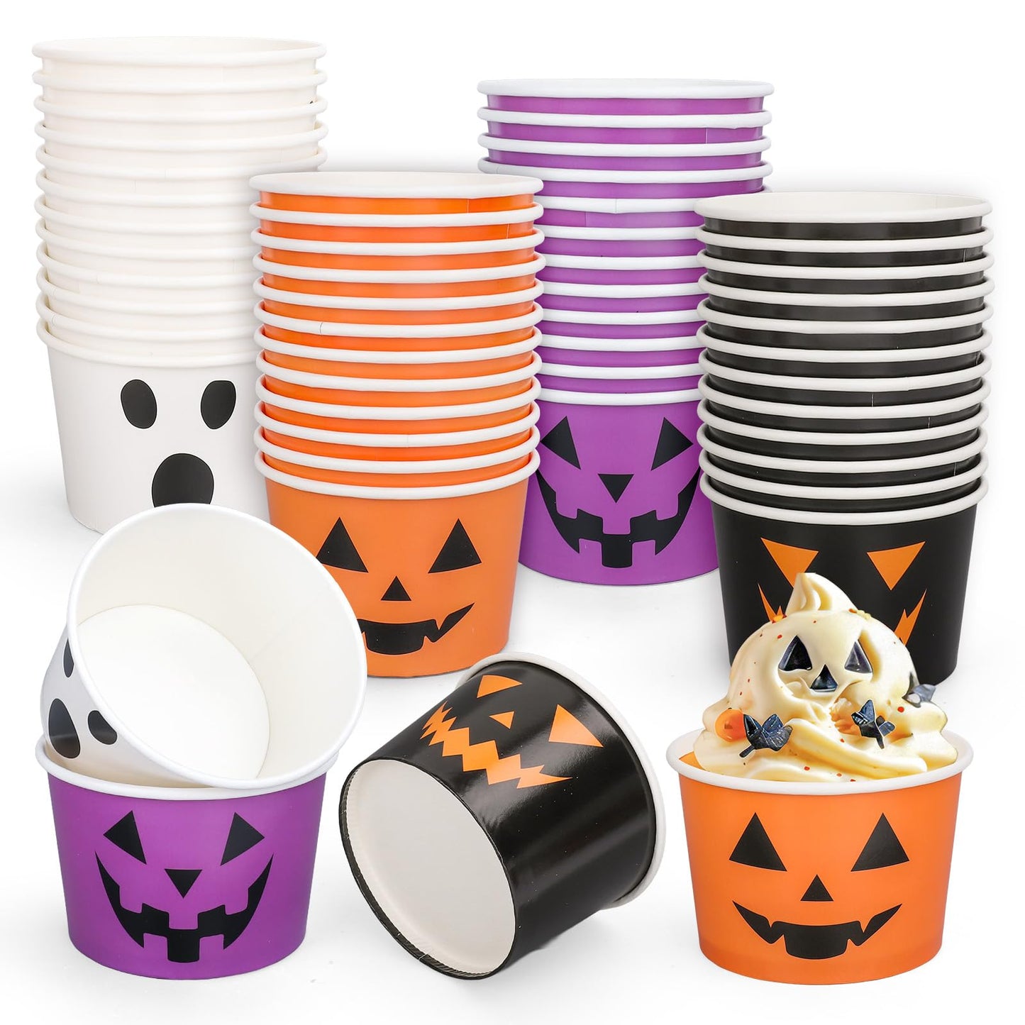 48 Pcs Halloween Treat Snack Cups Pumpkin Ghost Disposable Paper Bowls 9 Oz Paper Cups Dessert Ice Cream Bowls for Trick or Treat Birthday Movie Party Favor Supplies