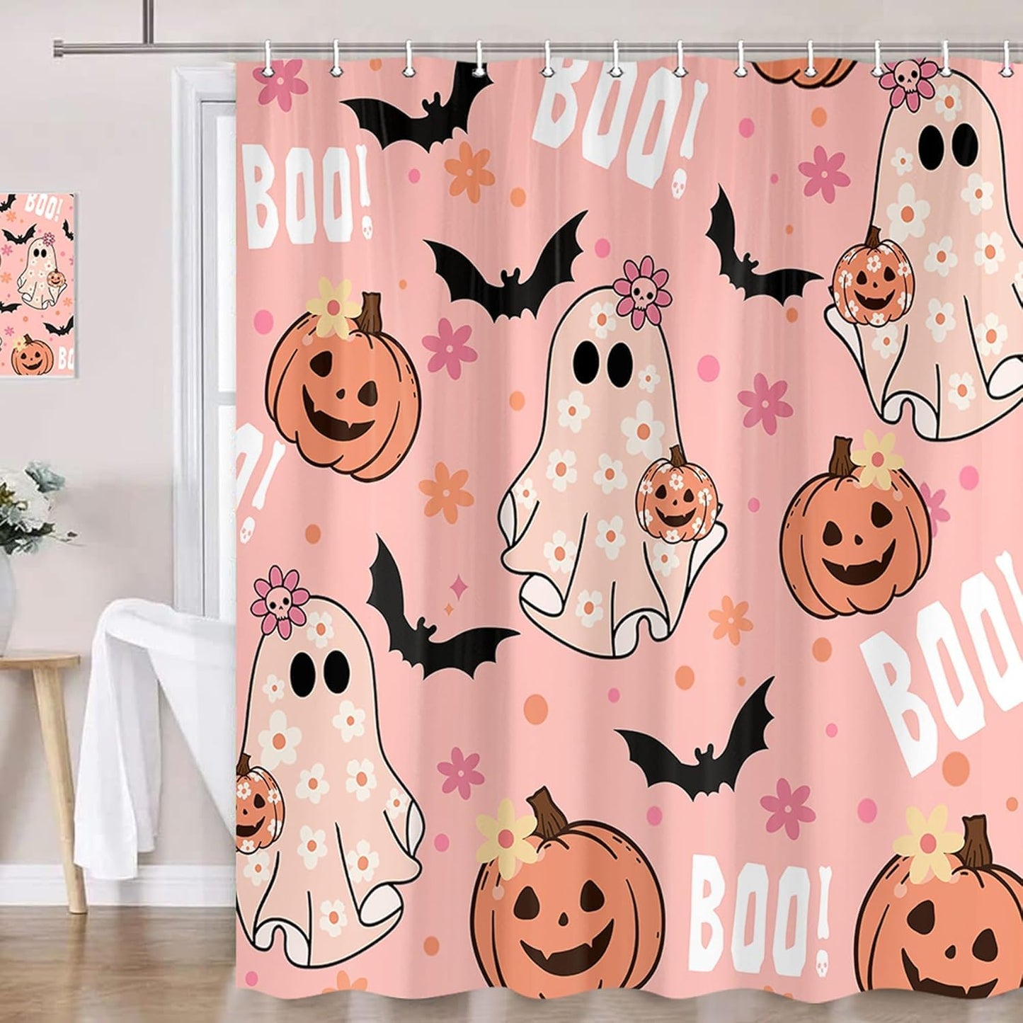 Xiaoput Pink Halloween Shower Curtain, Cute Ghost Pumpkin Black Bat Boo Shower Curtains for Bathroom Decor, Funny Cartoon Spooky Halloween Fabric Bath Curtain Set with Hooks, 70X72IN