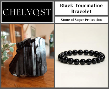 CHELYQST Black Tourmaline Bracelet - Stone of Super Protection,Stretch Natural Stone Crystal Beads Jewelry Gifts for Women Men Unisex Adult,8mm
