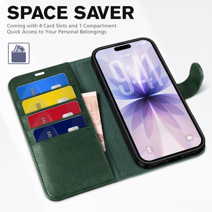 TUCCH Wallet Case for iPhone 17 (6.3") 2025, RFID Blocking 4 Card Slots, Kickstand, Shockproof TPU Shell, PU Leather, Magnetic Closure, Protective Flip Folio Cover, Evergreen