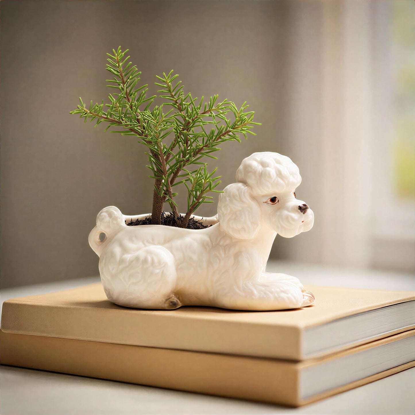 Creative Co-Op Vintage Reproduction Poodle Planter in Hand-Painted Stoneware, White, Brown, and Black Finish