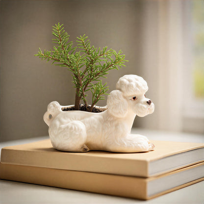 Creative Co-Op Vintage Reproduction Poodle Planter in Hand-Painted Stoneware, White, Brown, and Black Finish