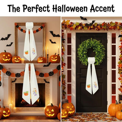 Fall & Halloween Wreath Sash for Front Door (59" Long) - Embroidered Ghost & Pumpkin Design for Boxwood Wreaths - 2-in-1 Autumn Ribbon Decor, Heavy Drape & Washable (1 Set)