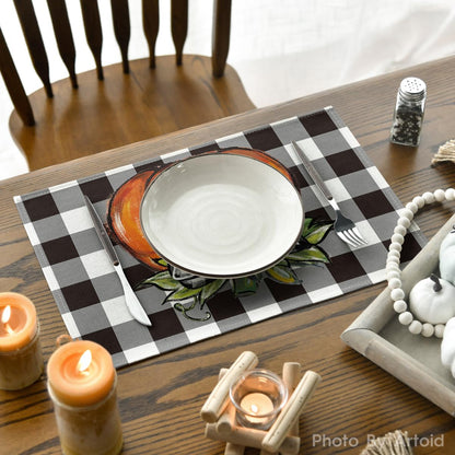 Artoid Mode Buffalo Plaid Pumpkin Bow Fall Placemats Set of 6, 12x18 Inch Seasonal Table Mats for Table Runner Party Kitchen Dining Decoration