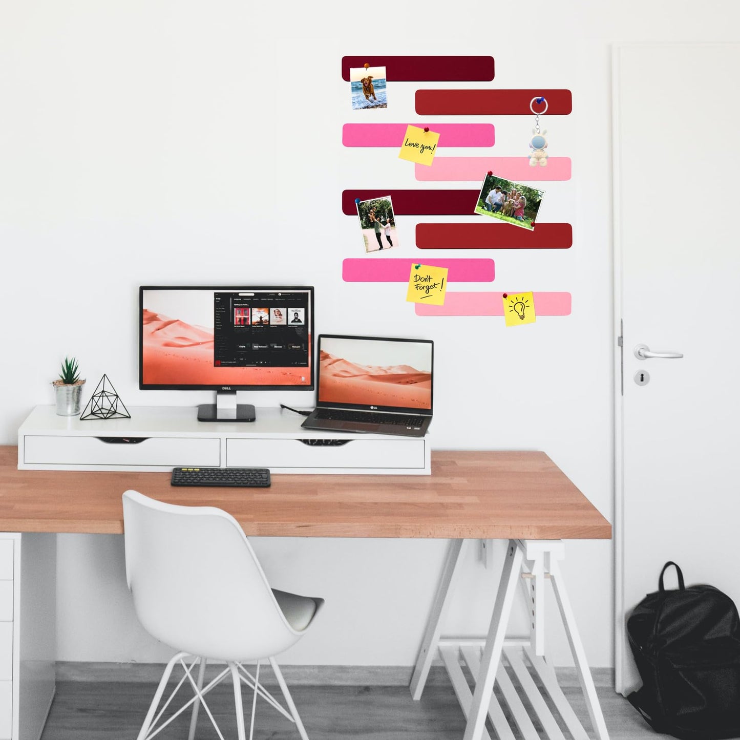 HULAVO 8Pcs Rectangle Felt Cork Board Bar Strips with 35 Pushpins, Self-Adhesive Bulletin Board Strips for Office School Home Wall Decor Stickers Memos Schedules Photos Display -Gradual Red