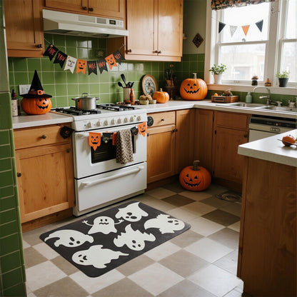 TYUU Halloween Bath Mat, Thin Halloween Bathroom Rug Non Slip Quick Dry Ghost Bath Mat Fits Under Door Thin Floor Mat Halloween Decor, 17''x30'', Ghosts Black
