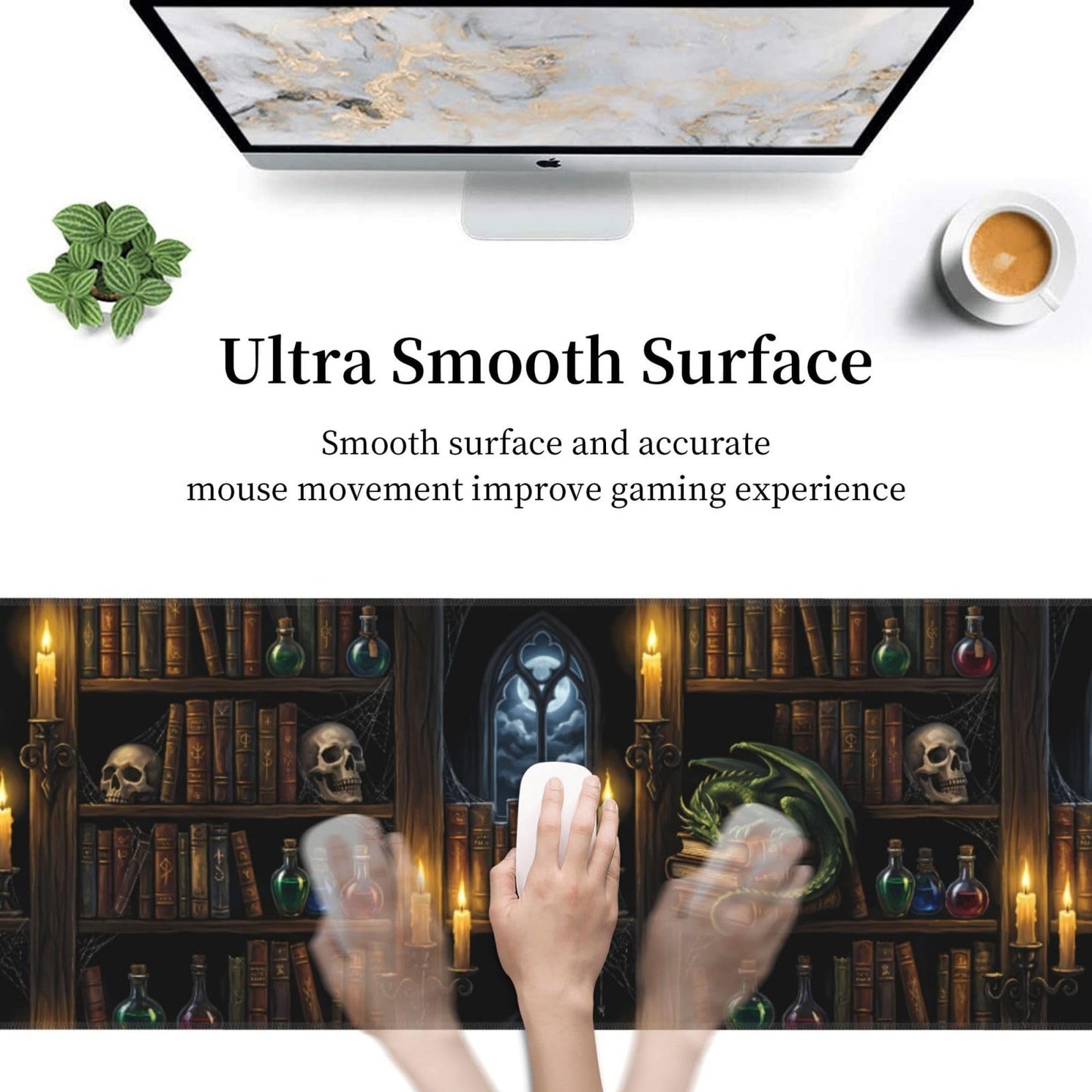 Wizard Library Large Gaming Mouse Pad 31.5 x 11.8 in Gothic Dragon & Magic Potions Desk Mat - Extended Non-Slip Rubber Base with Stitched Edges for Office & Home