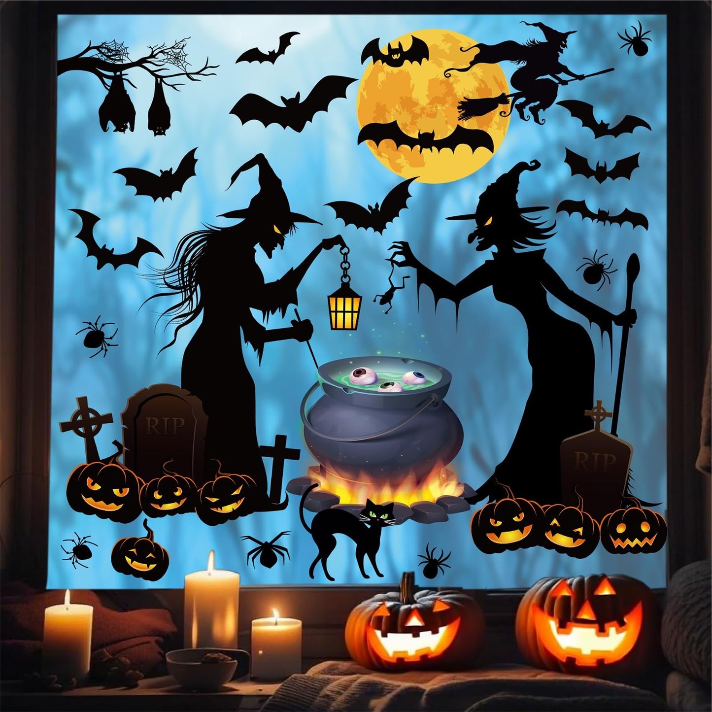 Halloween Wall Stickers Halloween Witch Bats Pumpkin Moon Wall Decals for Kids Bedroom Living Room Peel and Stick for Halloweens Nursery Party Supplies Decorations