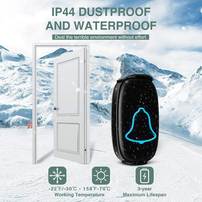 BO YING Wireless Doorbell, Bo Ying Waterproof Door Bell with 38 Melodies and Led Flash, Easy Install, 1000-Foot Range,1 Push Button & 1 Receiver, White