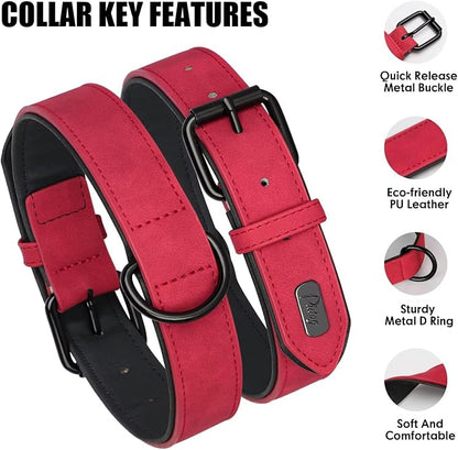Didog Soft Padded PU Leather Dog Collar, Breathable and Adjustable Red Dog Collar for Large Dogs, Comfortable for Daily Walk,Red XL Fit Neck 18-22"(45-71 lbs)