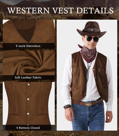 8 PCS Men’s Western Cowboy Costume Set with Cow Vest & Hat Retro Accessories Halloween Party Cosplay Darkbrown-L