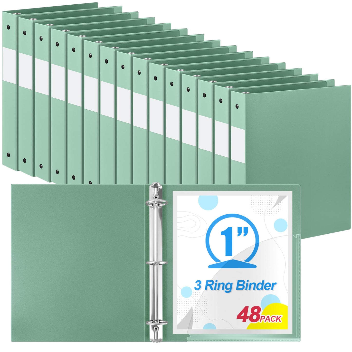 Henoyso 48 Pack 1 Inch 3 Ring Plastic Binders, Bulk Flexible PP Binders for Classroom & School Supplies, Letter Size 8.5 x 11, Holds 240 Sheets with Interior Pocket (Sage Green)