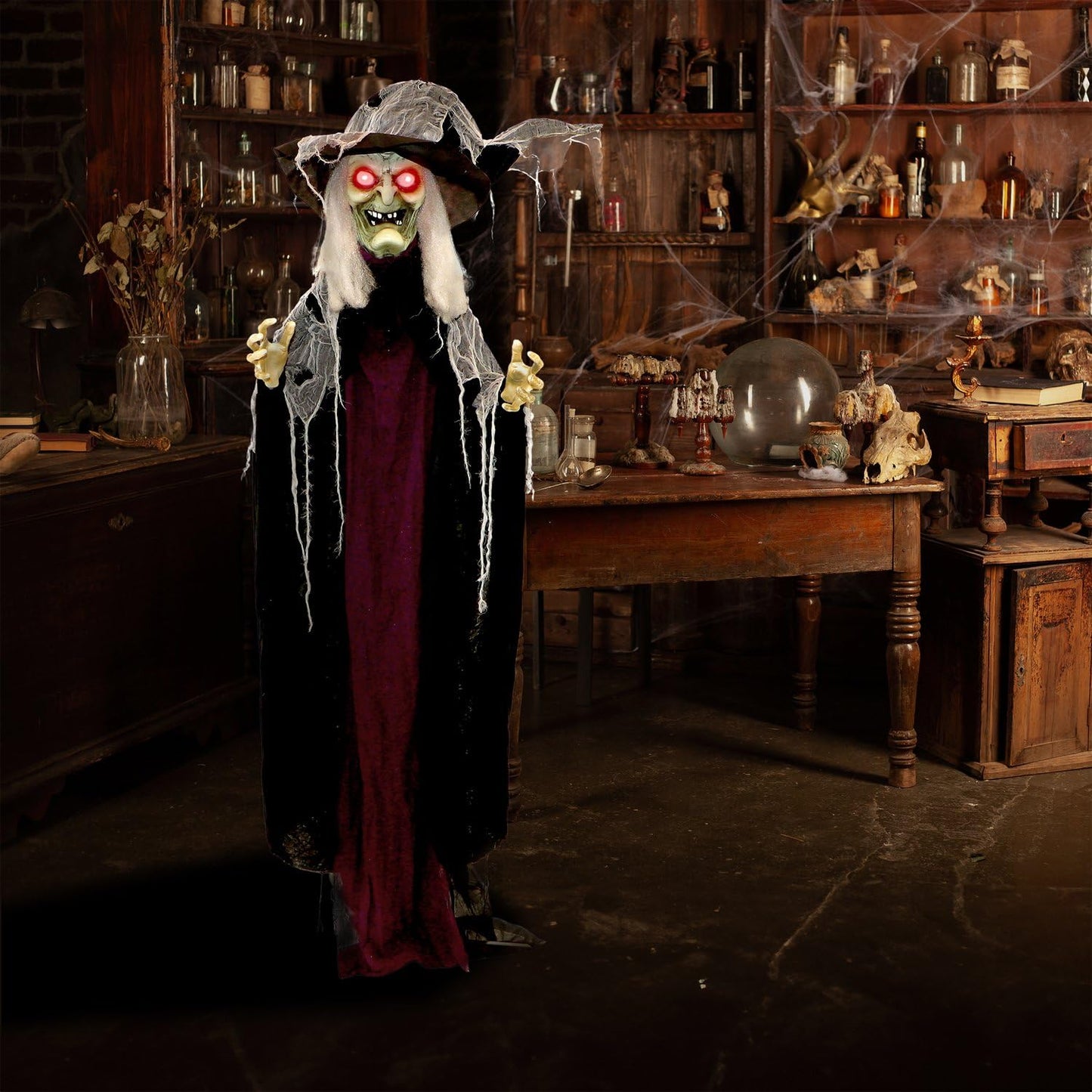 Haunted Hill Farm Life-Size Poseable Scary Talking Witch, Halloween Animatronic with Touch Activated Lights and Sound, Battery Operated Indoor or Covered Outdoor Halloween Decorations, Fright Props