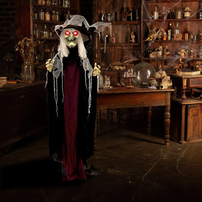 Haunted Hill Farm Life-Size Poseable Scary Talking Witch, Halloween Animatronic with Touch Activated Lights and Sound, Battery Operated Indoor or Covered Outdoor Halloween Decorations, Fright Props