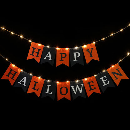 Happy Halloween Decoration Fabric Banner with String Light for Fireplace - Black & Orange Halloween Flag Party Mantel Hanging Decoration Supplies
