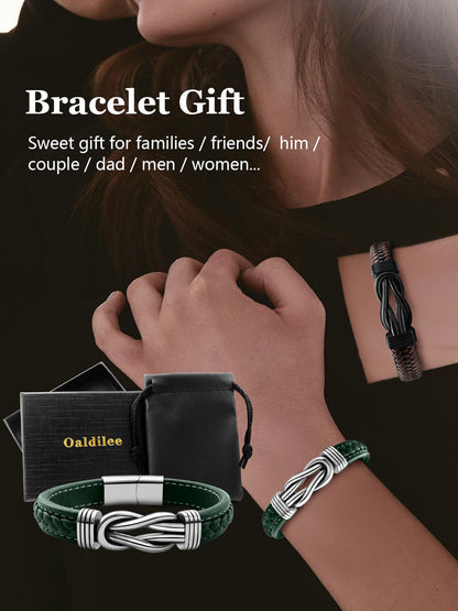 Oaldilee Mens Braided Leather Bracelet, Green Wax Rope Braided Leather Infinity Knot Bracelets for Men with Steel Clasp, 7.5in Length