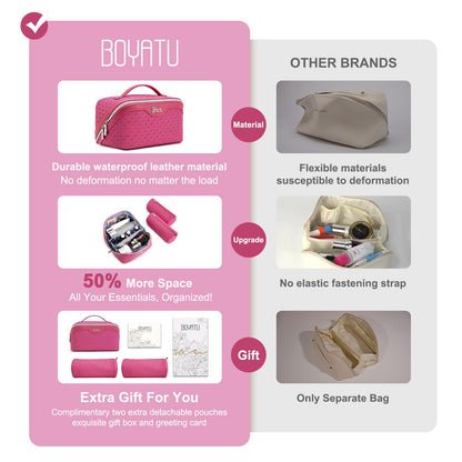 BOYATU Travel Makeup Bag Cosmetic Bags for Women: Large Capacity 3 Pcs Set Make up Bag with Compartments - Waterproof Vegan Leather Toiletry Organizer Bags with Handle (M-73Rose)