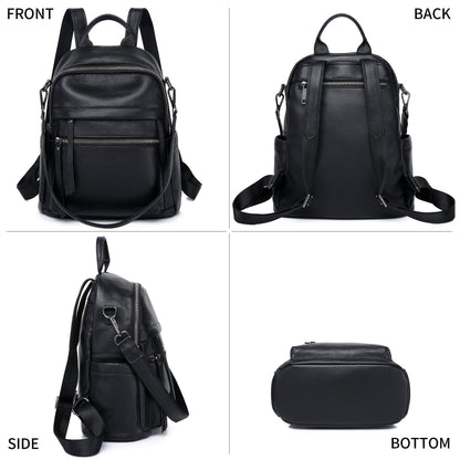Wesccimo Genuine Leather Backpack Purse For Women Black Real Soft Leather Convertible Ladies Daypack Shoulder Bag