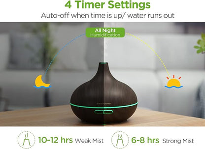 InnoGear Aromatherapy Diffuser & 10 Essential Oils Set, 400ml Diffuser Ultrasonic Diffusers for Home Cool Mist Humidifier with 4 Timers 7 Colors Light Waterless Auto Off, Dark Wood Grain