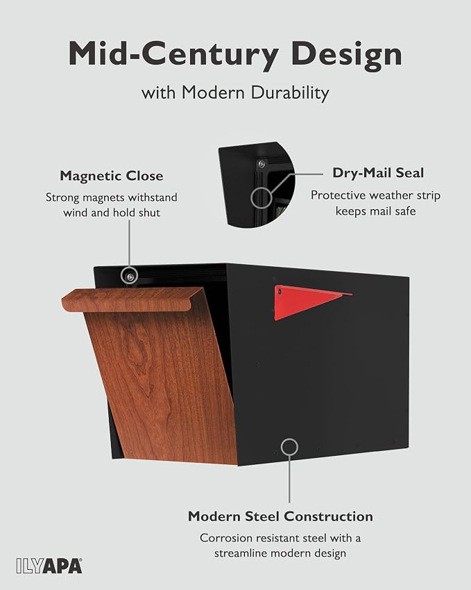 Ilyapa Modern Mailbox for Post Mount - Black Powder Coated Metal Mailbox with Cherry Wood Door - Waterproof for Parcels, Recessed Magnetic Close Door