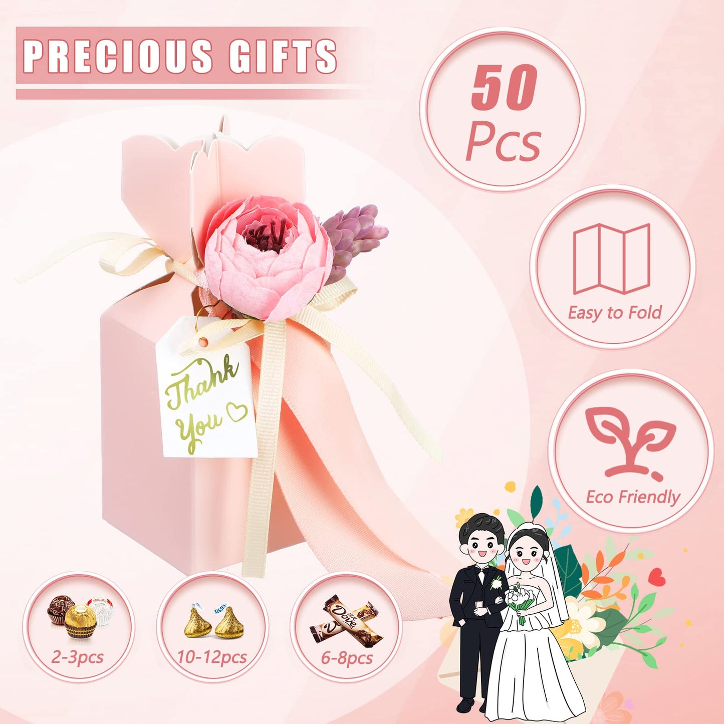 TaoBary 50 Pcs Wedding Favor Boxes Pink Party Favor Box with Ribbon and Flower DIY Chocolate Candy Gift Treat Bags for Engagement Bridal Baby Shower Birthday Anniversary Party Decorations