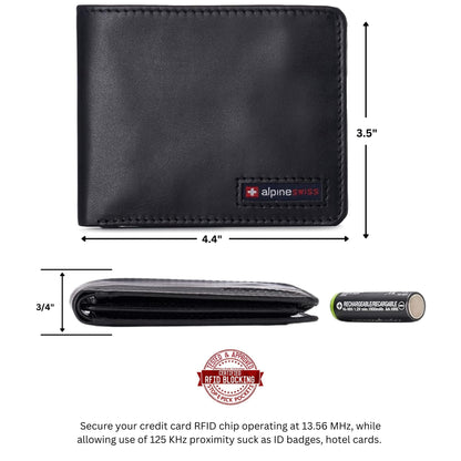 Alpine Swiss Mens Wallet for Men | RFID Protected Leather Mens Wallet | Spencer Bifold with Divided Bill Section | Gift Box | 2 ID Windows | 14 Card Storage Pockets for Organization Glossy Nappa Black