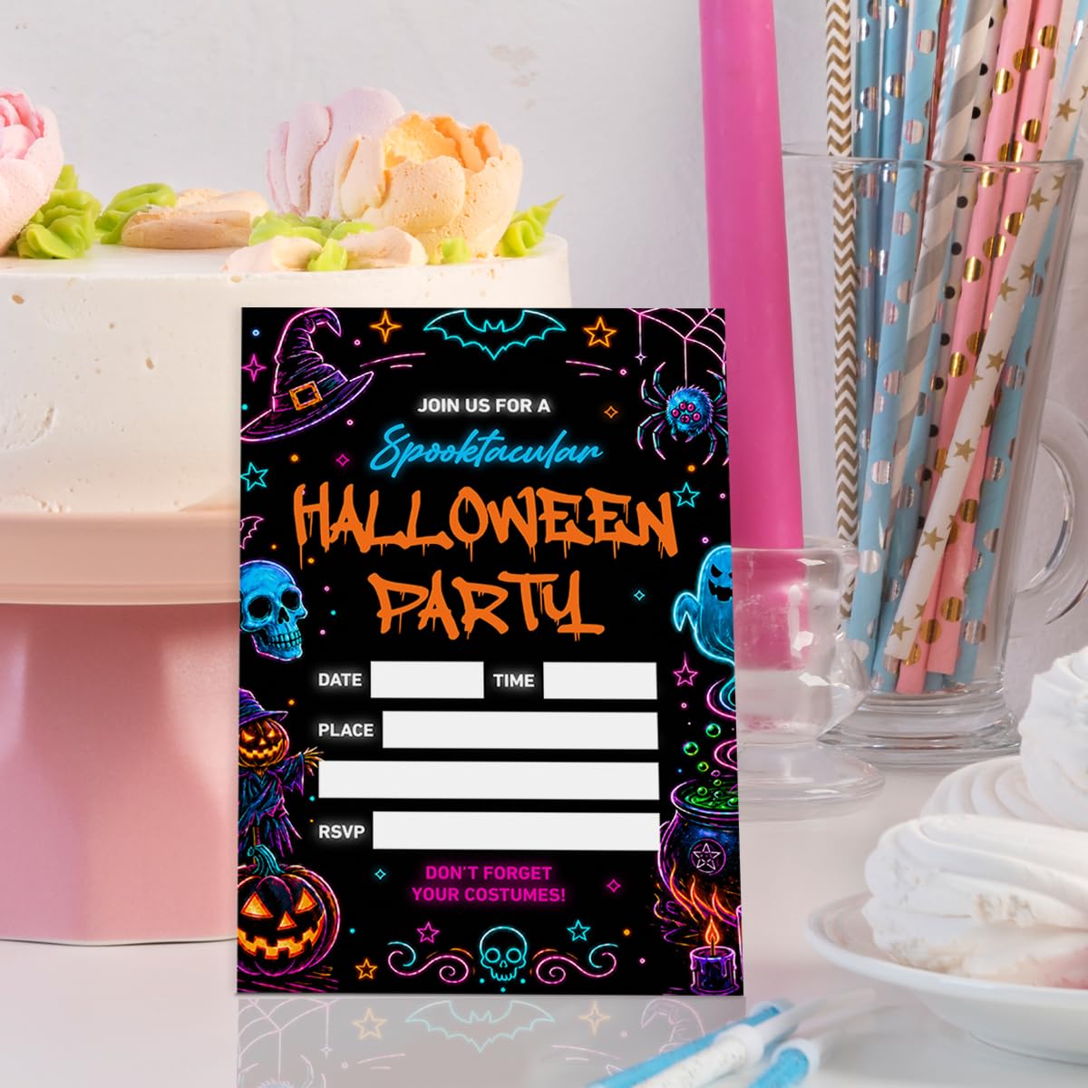 Weifuju 20 Pack Neon Spooky Halloween Party Invitations with Envelopes