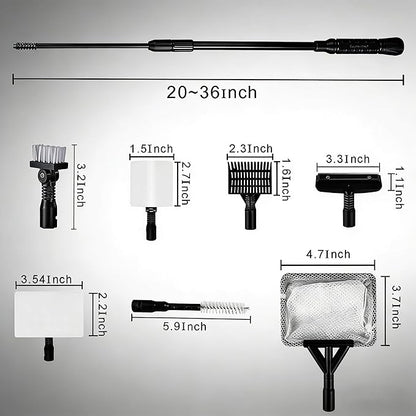 Carefree Fish 6IN1+1 (2026 New Upgrade Edition) Aquarium Cleaning Tools Long Handle Adjustable Length 20~36Inches Fish Tank Cleaner Kit Algae Scraper Scrubber Brushes Set