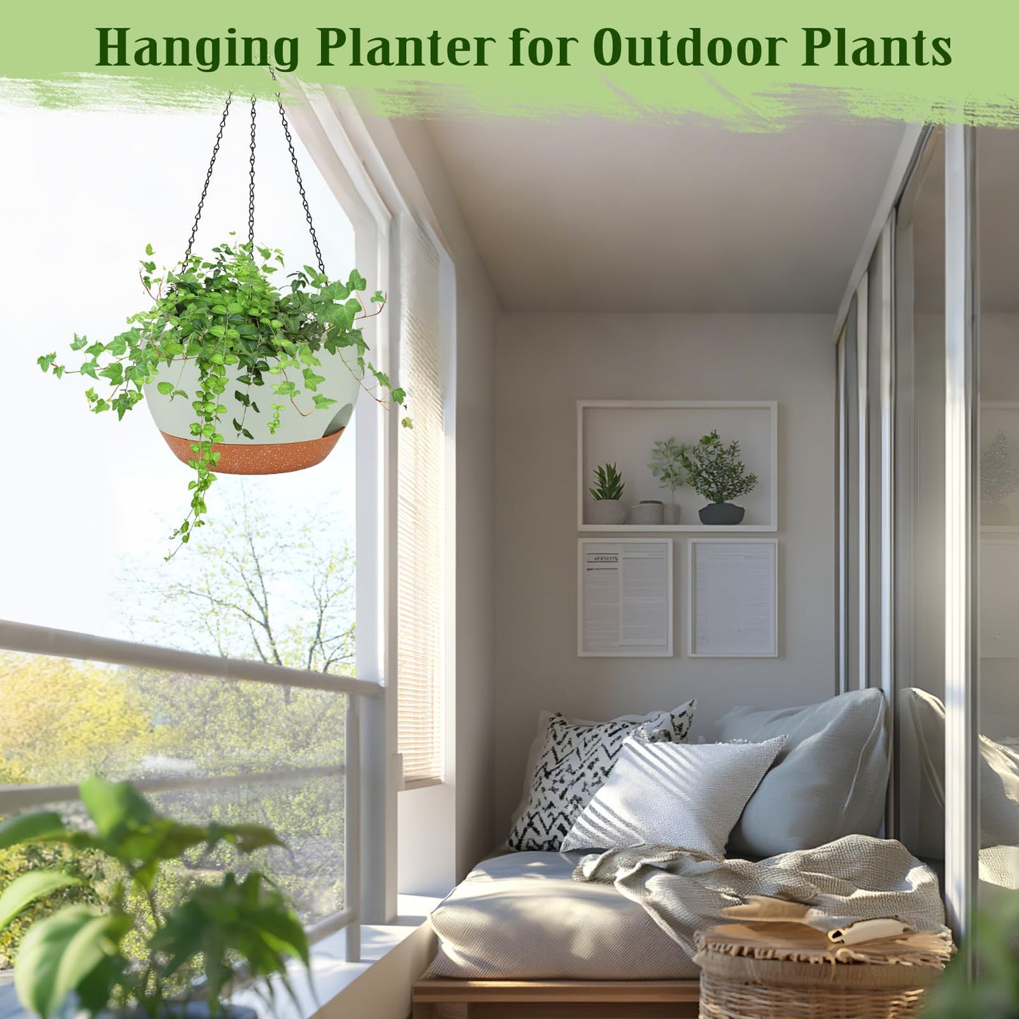 Lucieblessdesign Hanging Planters for Outdoor Indoor Plants, 2 Pack 12 Inch Hanging Basket Plants Outdoor, Self Watering Hanging Planter with Plant Hanger for Garden Home Decoration (Green)
