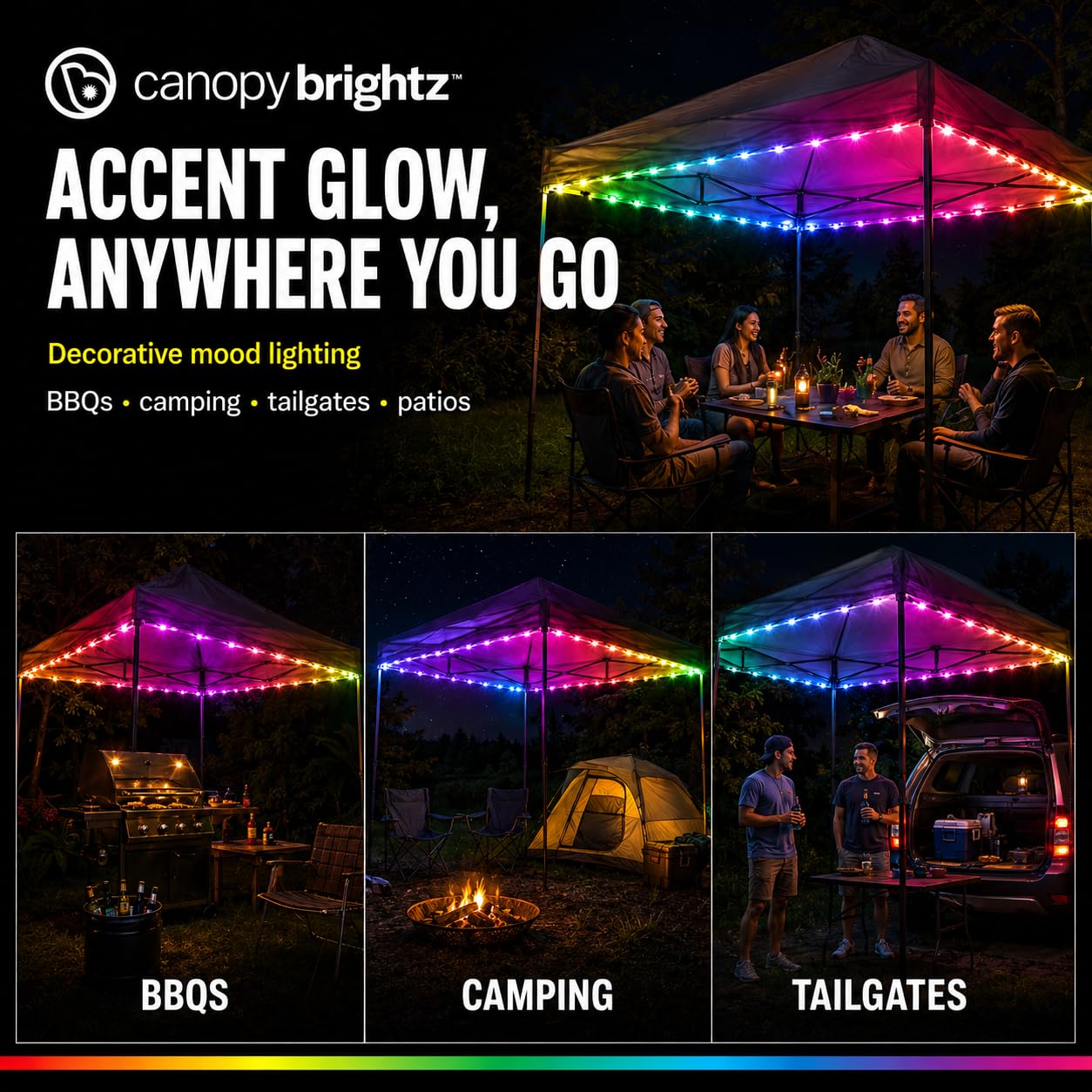 Brightz CanopyBrightz Color Changing LED Canopy Lights - 40 ft String Lights with 60 LEDs, Cut-to-Size - Battery Powered Accent Lights for Pop Up Canopy, Camping, Tailgating, Backyard Parties & Patio