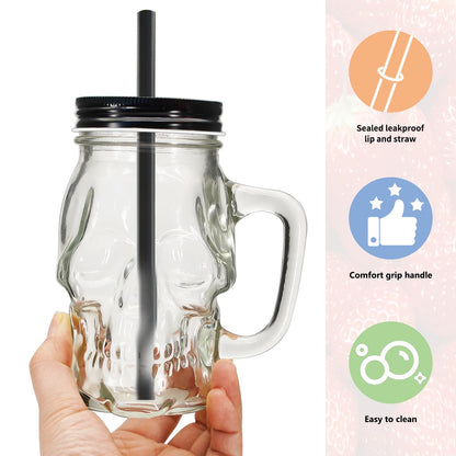 Skull Mason Jars with Handle, 16 Oz Glass Beer Mugs Gothic Wide Mouth Tumbler Cup with Straws and Lids, Novelty Pub Bar Mug Halloween Drinking Glasses for Beverage, Liquor, Mix Cocktail (2, Clear)