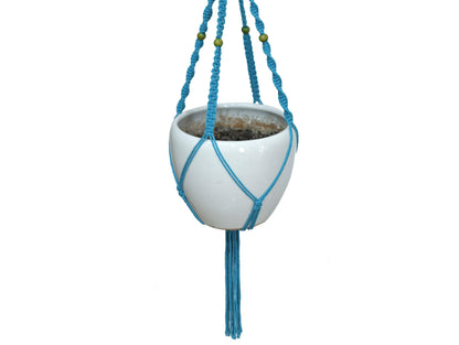 Macrame Plant Hanger & Holder, Hanging Planter 4 Legs Double Deck for 8 inch to 10 inch Two Pots Indoor Outdoor Hanging Planter Cotton Rope 67 Inch with Metal Ring (Cotton-Turquoise)