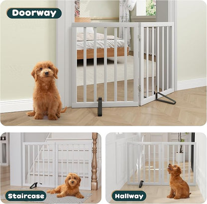 Semiocthome Bamboo Dog Gates Indoor 2-Panel Freestanding Puppy Gates for The House with 2 Metal Stands 24" H Folding Wood Pet Gate for Stairs Doorway, Fully Assembled Safety Fence - White