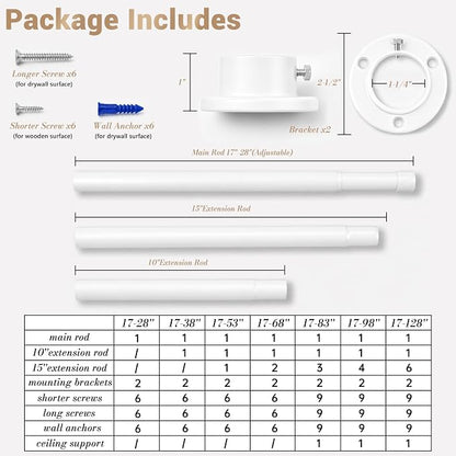 Closet Rod Adjustable 17 to 38 Inch, 1-1/4” Diameter, Closet Rods for Hanging Clothes, Stepless Metal Heavy Duty Hanging Rod for Closet Wardrobes Laundry RV (White)