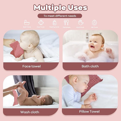 Yoofoss Muslin Baby Washcloths 100% Organic Cotton Face Towels 10 Pack Wash Cloths for Baby 12x12in Soft and Absorbent Baby Wipes (Gradient Pink)