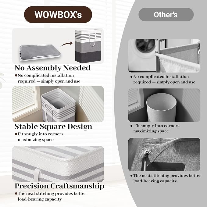 WOWBOX 2 Pack Laundry Baskets, Laundry Hampers, Freestanding Dirty Clothes Hampers with Reinforced Handles & Cross Stitch & Waterproof Coating, for Laundry Bedroom Bathroom Dorm,125L Grey