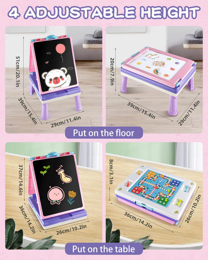 Elovien Easel for Kids, 4 in 1 Double Sided Toddler Art Easel with Chalkboard & Magnetic Whiteboard, Foldable Kid Tabletop Easel with Drawing & Writing Accessories - Educational Gift for Girl (Purple)