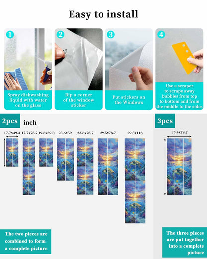 Sea Turtles Window Privacy Film Stained Glass Window Film Decorative Window Cover Static Window Cling for Glass Door Coastal Coral Tropical Fish Sunset Scenery Window Stickers for Bathroom 29.5"x78.7"