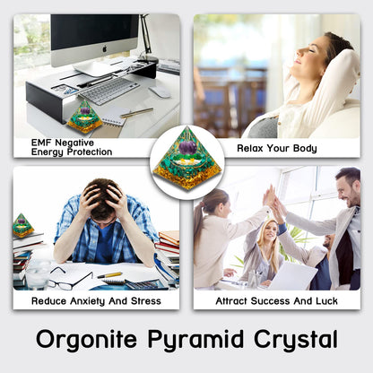 Orgonite Pyramid, Natural Amethyst Malachite Orgone Pyramid, Protection Crystals Energy Generator for Stress Reduce Meditation, Attract Wealth Lucky