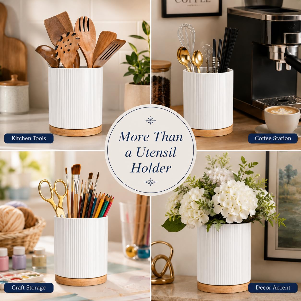 QUELIEN Utensil Holder, 360° Rotating Ceramic Kitchen Utensil Holder for Countertop, 7.7" Utensil Crock for Kitchen Counter with Rotatable Wooden Base,Ideal Housewarming Gift & Mothers Day Gift