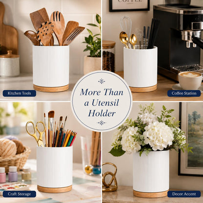QUELIEN Utensil Holder, 360° Rotating Ceramic Kitchen Utensil Holder for Countertop, 7.7" Utensil Crock for Kitchen Counter with Rotatable Wooden Base,Ideal Housewarming Gift & Mothers Day Gift