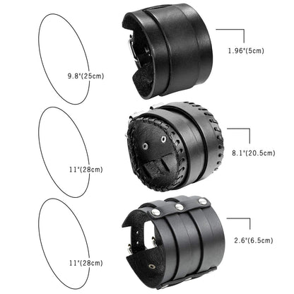 Cupimatch 3 Pcs Black Adjustable Leather Bracelet, Punk Rock Wide Leather Belt Cuff Bangle Wristband for Men for Father's Day