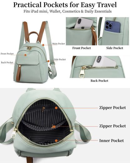 KEQIKAI Lightweight Small Backpack for Women, Mini Casual Daypack Backpack, Water-Resistant Oxford Fabric, Fits iPad Mini/Phone/Wallet/Sunglasses, Purse for College Travel Outdoor Daily Multi-Pocket