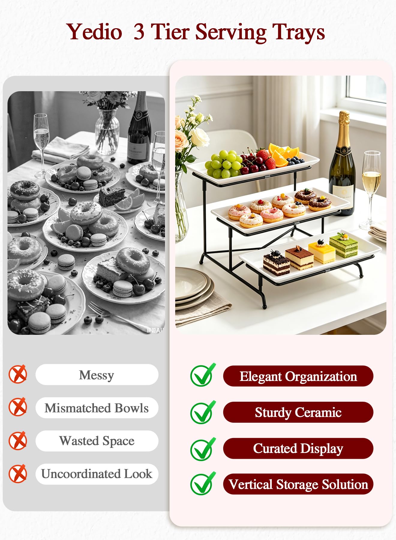 Yedio 3 Tier Serving Trays for Party, Porcelain Serving Platters and Trays, 12 Inch Tiered Tray Stand, Fruit Tray, Trays for Serving Food, White Dessert Stand with Collapsible Sturdier Metal Rack