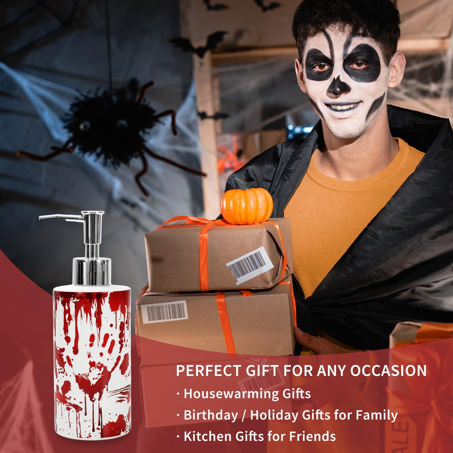 JarThenaAMCS Halloween Soap Dispenser Bloody Handprint Glass Dispenser with Pump Refillable Liquid Soap Container for Home Kitchen Bathroom Countertop