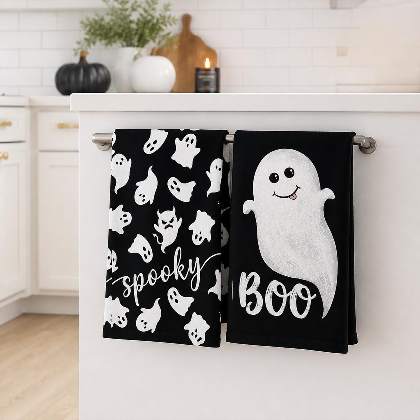 Juynyyn Black Ghost Spooky Halloween Kitchen Towels Dish Towels, 18x26 Inch Boo Decoration Hand Towels Set of 2
