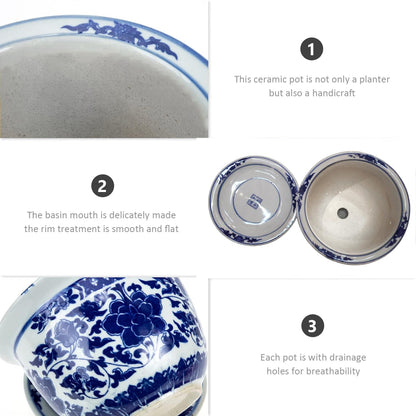Angoily Blue and White Ceramic Planter 1 Set Chinese Ceramic Flower Pots Decorative Succulent Plant Pot with Trays for Indoor Outdoor Desktop Garden Balcony