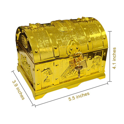 Egyptian Treasure Chest For Kids - Golden Decorative Pirate Treasure Box With Lock and Key For Kids Prizes, Theme Party, Birthday, Halloween, Christmas Pirate Party Favors