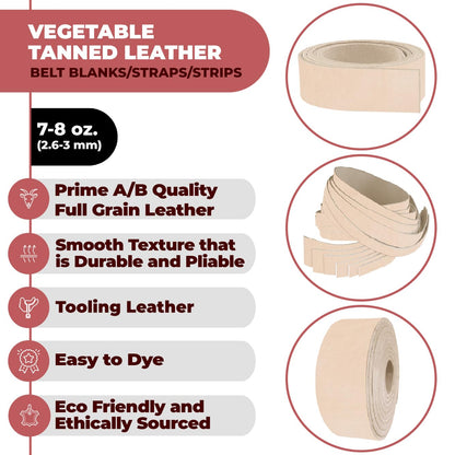 ELW Leather Strap, 7-8 Oz, 1.5 inch Wide x 40", Cowhide Veg Tan Leather Belt Blank, Leather Strips, Tooling Leather, Tan Straps for Crafts, Belt Making & Crafting Blank Hide