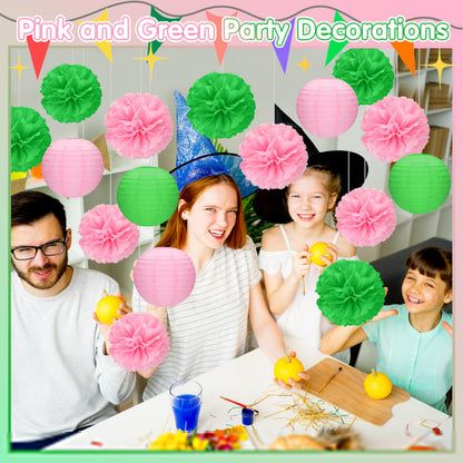 RoundFunny 15 Pcs Witch Theme Party Decorations Green and Pink Party Decorations Birthday Tissue Paper Pom Pom Lanterns Supplies for Girls Women Princess Birthday Decor